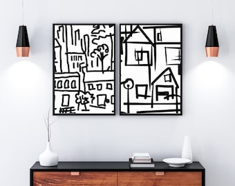 Art abstrait de l'immobilier, agent immobilier Home Decor, dessin au trait, cadeau immobilier, art imprimable, téléchargement immédiat, noir et blanc (ensemble de 2 tirages)