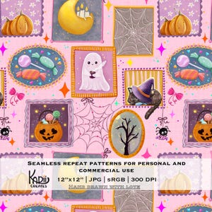 May include: A seamless Halloween pattern with pumpkins, ghosts, sweets, and a black cat in a witch's hat, set within decorative frames. The design includes a spider, a moon, and a tree on a pink backdrop.