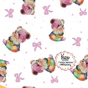 Patchwork Teddy Bears with bows and dots Seamless Repeating Pattern –  Commercial Use