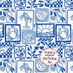 Italian Summer Seamless Repeat Pattern: blue and white Mediterranean Design ( Digital File, Commercial license)