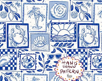 Italian Summer Seamless Repeat Pattern: blue and white Mediterranean Design ( Digital File, Commercial license)