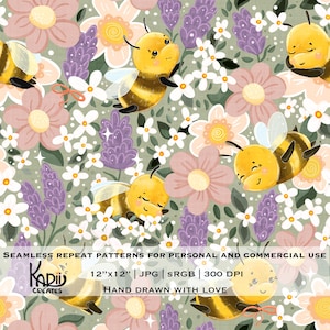 Könnte beinhalten: Ein nahtloses Muster mit Cartoon-Bienen, Blumen und Blättern in Pastelltönen. Das Design umfasst gelbe und schwarze Bienen, rosa, weiße und lila Blumen sowie grüne Blätter. Der Text lautet "NAHTLOSE WIEDERHOLUNGSMUSTER FÜR DEN PERSÖNLICHEN UND GEWERBLICHEN GEBRAUCH".