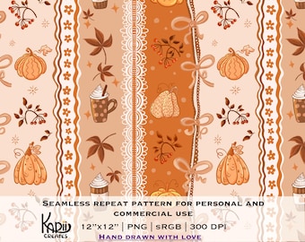Coquette Bow Pumpkin Spice Seamless Pattern: Fall Thanksgiving Design (PNG Digital Download)