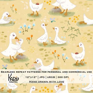 May include: A seamless repeat pattern featuring white geese with orange beaks and feet, set against a yellow background with flowers and insects. The design includes the text "SEAMLESS REPEAT PATTERNS FOR PERSONAL AND COMMERCIAL USE" and "HAND DRAWN WITH LOVE".