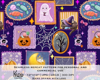 May include: Seamless Halloween-themed repeat pattern on a dark blue background. The design features framed illustrations of a ghost, black cat, jack-o'-lantern, spider web, and candy. The text "HAND DRAWN WITH LOVE" is included.