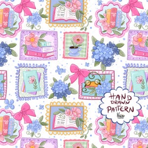 May include: A repeating pattern featuring hand-drawn illustrations of books, flowers, bows, and teacups in a whimsical style. The design incorporates pink, blue, and yellow hues, with the text "HAND DRAWN PATTERN" in a speech bubble.