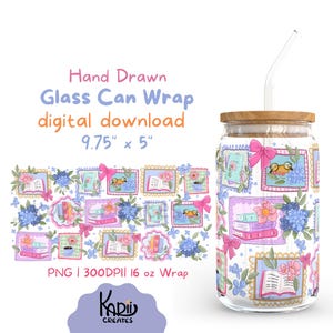 May include: A clear glass can with a wooden lid and a straw, featuring a wrap with a repeating pattern of illustrated postage stamps. The stamps depict books, flowers, and a frog wearing glasses. The wrap measures 9.75" x 5".