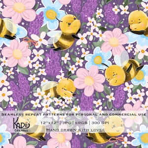 May include: A seamless pattern with cartoon bees and flowers in purple, pink, and blue. The design includes text that reads "SEAMLESS REPEAT PATTERNS FOR PERSONAL AND COMMERCIAL USE" and "HAND DRAWN WITH LOVE". The pattern is 30.48cm x 30.48cm.