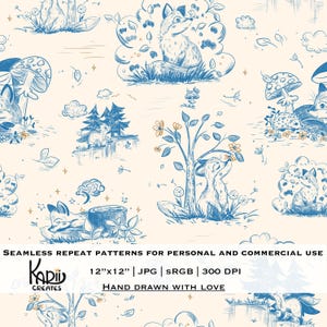 May include: A seamless repeat pattern featuring blue illustrations of foxes, mushrooms, trees, and clouds on a cream background. The design includes the text "HAND DRAWN WITH LOVE" and is labeled as 12"x12" in size.
