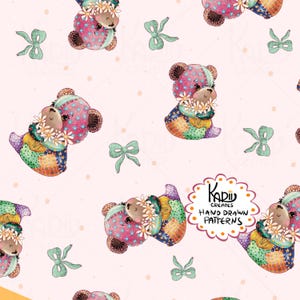 Patchworkteddyberen met strikken en stippen naadloos herhalend patroon – commercieel gebruik