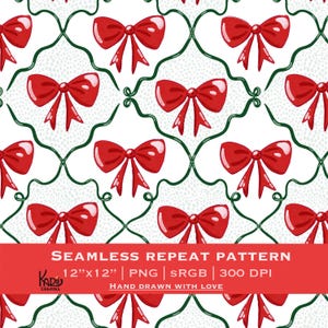 Red and Green Coquette Christmas Bow Trellis Seamless Pattern, Cute Holiday Bow Repeat File Instant Download, Commercial Use, PNG