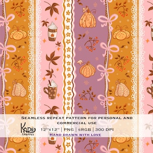Coquette Bow Fall Lace Stripes Seamless Pattern Design, Feminine Pumpkin Spice Seamless, Modern Girly Autumn File Download, Commercial Use