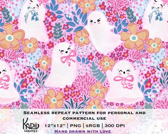 Floral Ghosts Seamless Pattern: Pastel Halloween PNG (Commercial Use, Digital Download)