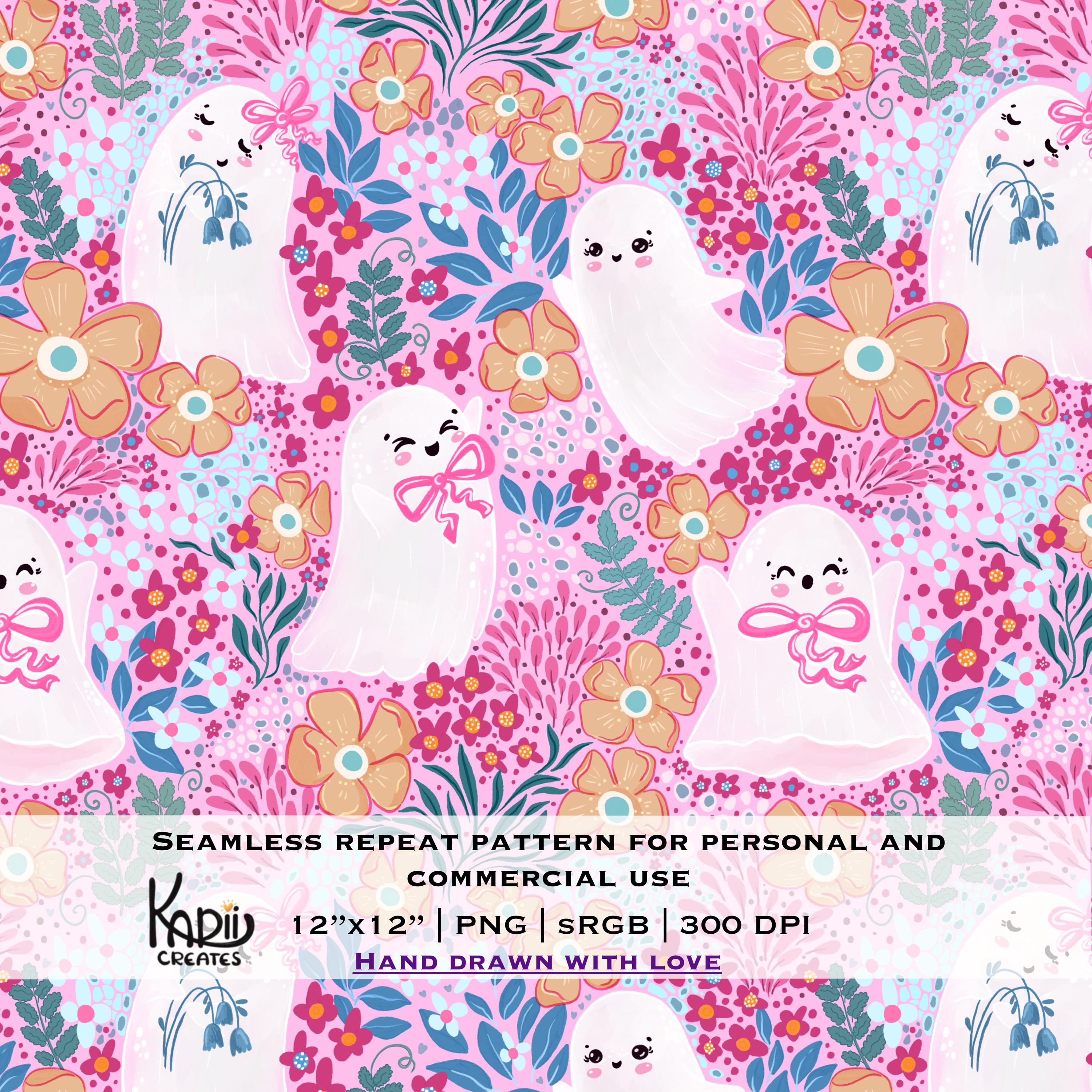 Floral Ghosts Seamless Pattern: Pastel Halloween PNG (commercial Use ...