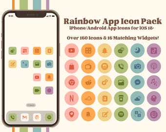 Bunt App Icon Pack für iOS Android iPhone, Digitaler Download, mehrfarbige Regenbogenästhetik, 70er Jahre Retro Ästhetik, benutzerdefinierter Startbildschirm