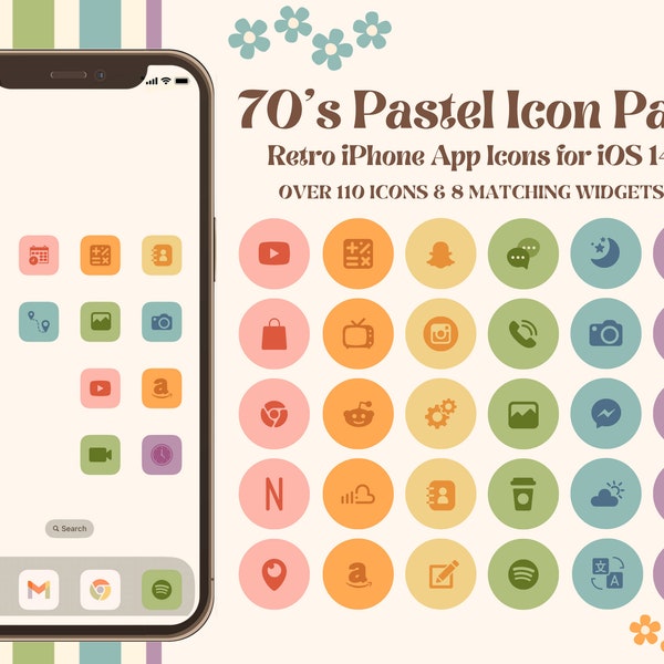 Pastel Indie iPhone App Icons Pack | Trendy iPhone Android Icons | Social Media Icons | 70s Aesthetic | Retro Font | iOS Aesthetic