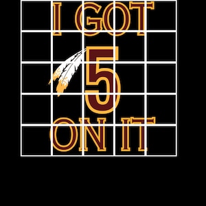 May include: Black background with a white grid pattern. The text "I GOT 5 ON IT" is in maroon and gold. A feather graphic is between the "5" and the word "GOT".