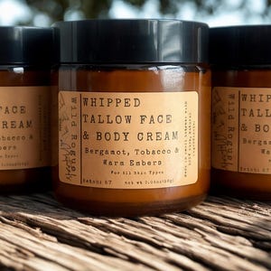 Whipped Tallow Face and Body Cream for Men - Bergamot, Tobacco & Warm Embers - Grass-Fed Scented Beef Tallow Moisturizer, Men's Fragrance