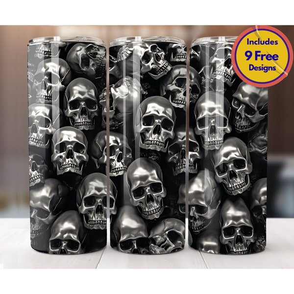 Metallic Skull Tumbler Wrap 20 oz Skinny Tumbler Sublimation Design Manly Tumbler Wrap Gothic Tumbler Wrap Digital Download ONLY PNG