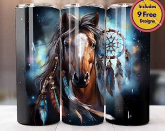 Horse Feathers Dreamcatcher 20 oz Skinny Tumbler Sublimation PNG Colorful Dreamcatcher Native Indian Animal Southwestern Design Digital ONLY