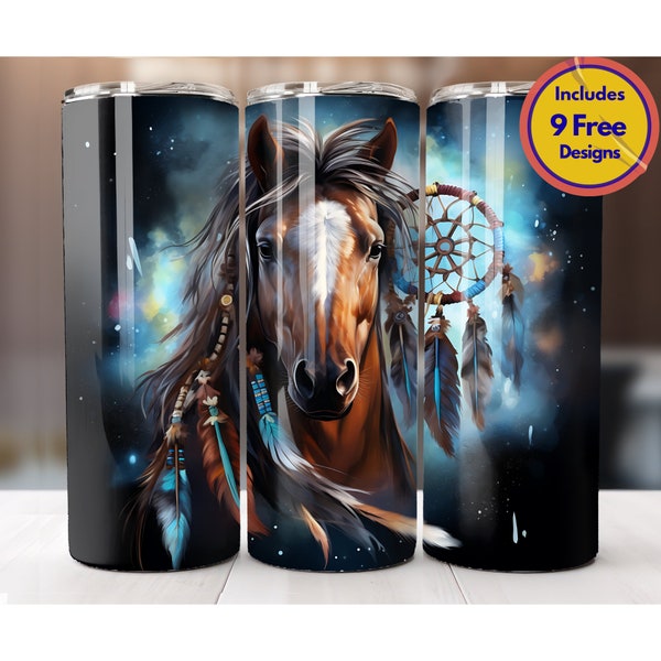 Horse Feathers Dreamcatcher 20 oz Skinny Tumbler Sublimation PNG Colorful Dreamcatcher Native Indian Animal Southwestern Design Digital ONLY