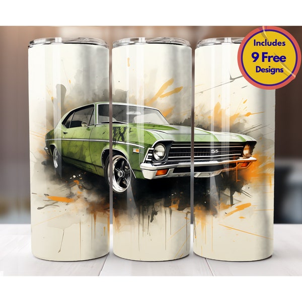 Classic Green Chevy Nova Muscle Car Poster 20 oz Tumbler Sublimation Design Car Tumbler Wrap Manly Tumbler Retro Car Wrap Digital ONLY PNG