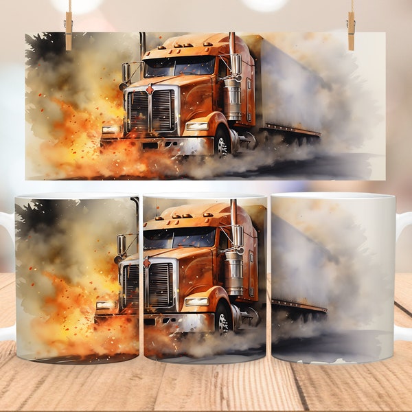 Watercolor Semi Truck Smoke Mug Sublimation Template Design PNG Diesel Trucker Men 11oz & 15oz Mug Wrap Trucker Dad Mug Instant Download