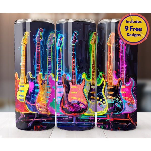 Neon Electric Guitar Pattern 20 oz Skinny Tumbler Sublimation Design PNG Musical Instrument Music Band Wrap Guitar Teacher Gift Digital ONLY