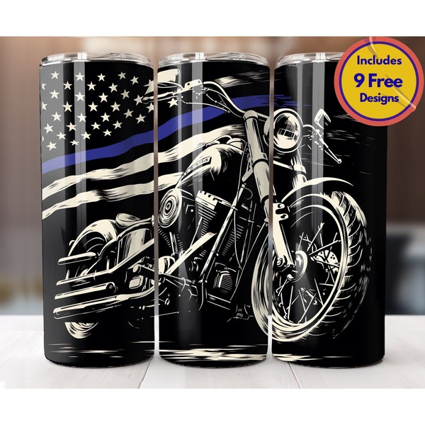 Police Flag Motorcycle 20 oz Tumbler Sublimation Design PNG American Flag Motorcycle Tumbler Black & White Flag Motorbike Wrap Digital ONLY