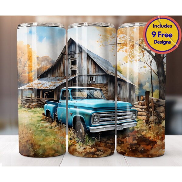 Watercolor Fall Classic Truck 20oz Skinny Tumbler Sublimation Design Fall Theme Truck Design Western Country Style Digital Download PNG