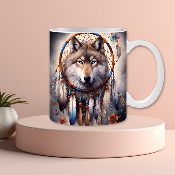Wolf Dream Catcher 11oz 15oz Mug Wrap Sublimation Design PNG Native Wolf Animal Mug Wrap Native Indian Mug Wrap Digital Download ONLY PNG