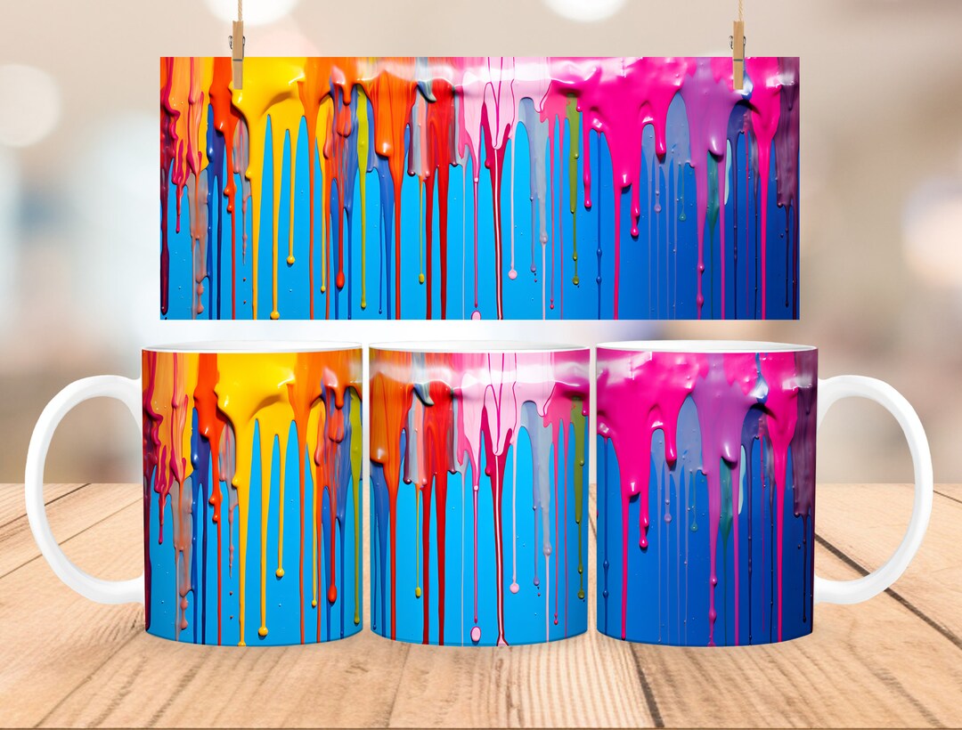 3D Blue Pink Yellow Dripping Paint Mug Wrap 11oz and 15oz Mug Template