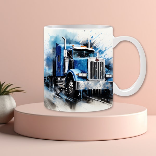3D Watercolor Semi Truck 11oz & 15oz Mug Sublimation Design PNG Diesel Trucker Mug Wrap Download Download ONLY PNG