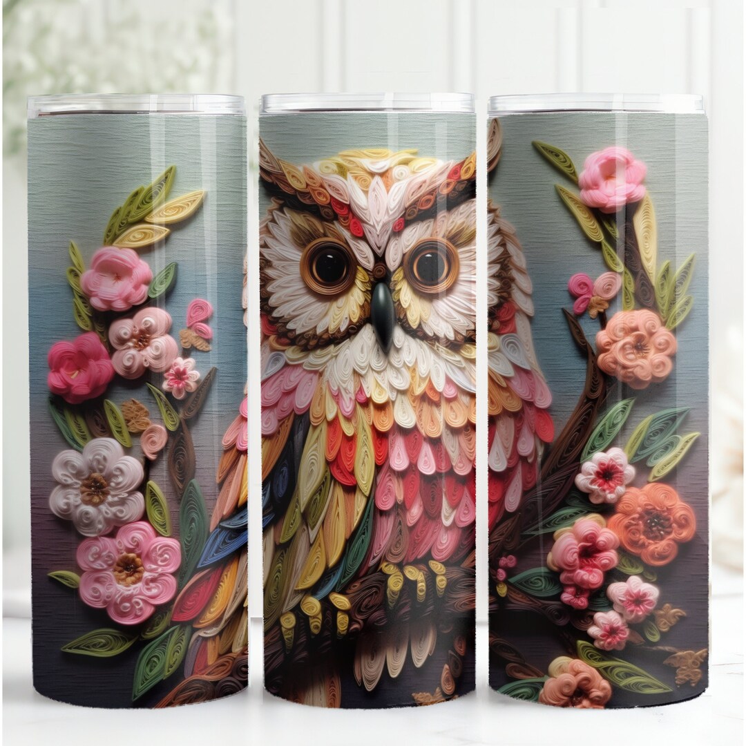 3D Owl 20 Oz Skinny Tumbler Sublimation Design Embroidered Owl Tumbler ...