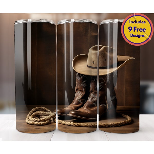 Cowboy Boots Hat & Lasso 20 oz Skinny Tumbler Sublimation Cowboy Tumbler Wrap Brown Country Style Wrap Digital Download PNG