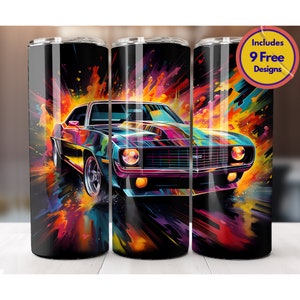 Neon Chevy Camaro Pop Art 20oz Tumbler Sublimation Design PNG Car Garage Tumbler Wrap Vintage Retro Cars Wrap Digital Download ONLY image 1