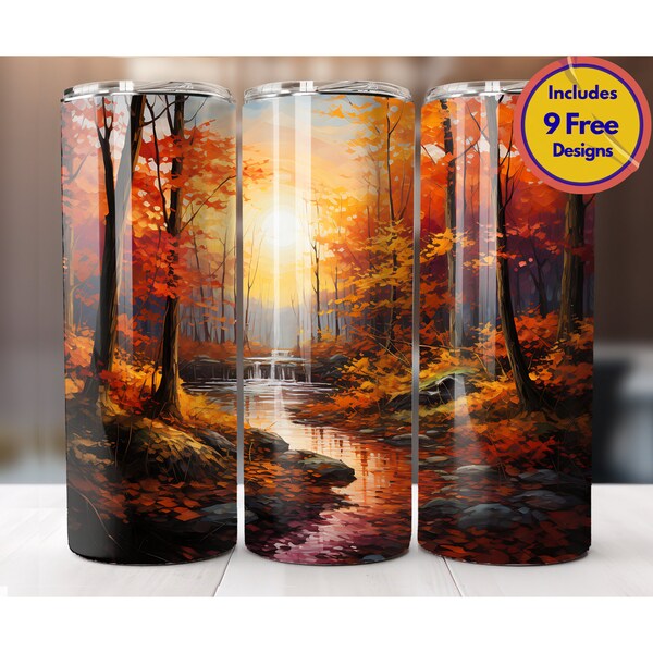 3D Autumn Fall Scene 20 oz Skinny Tumbler Sublimation Design Autumn Fall Vibes Tumbler Wrap Fall Forest Scene PNG Digital Download PNG