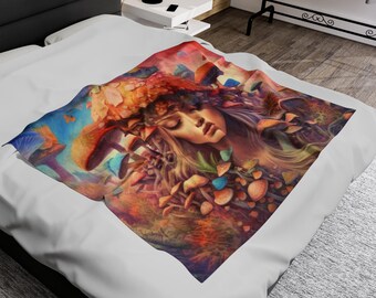 Rainbow Plush Blanket | Forest Mushroom Princess Trippy Psychedelic Magic Fairy Tapestry Gift for Hippie Witch Stoner LGBT Pride Month