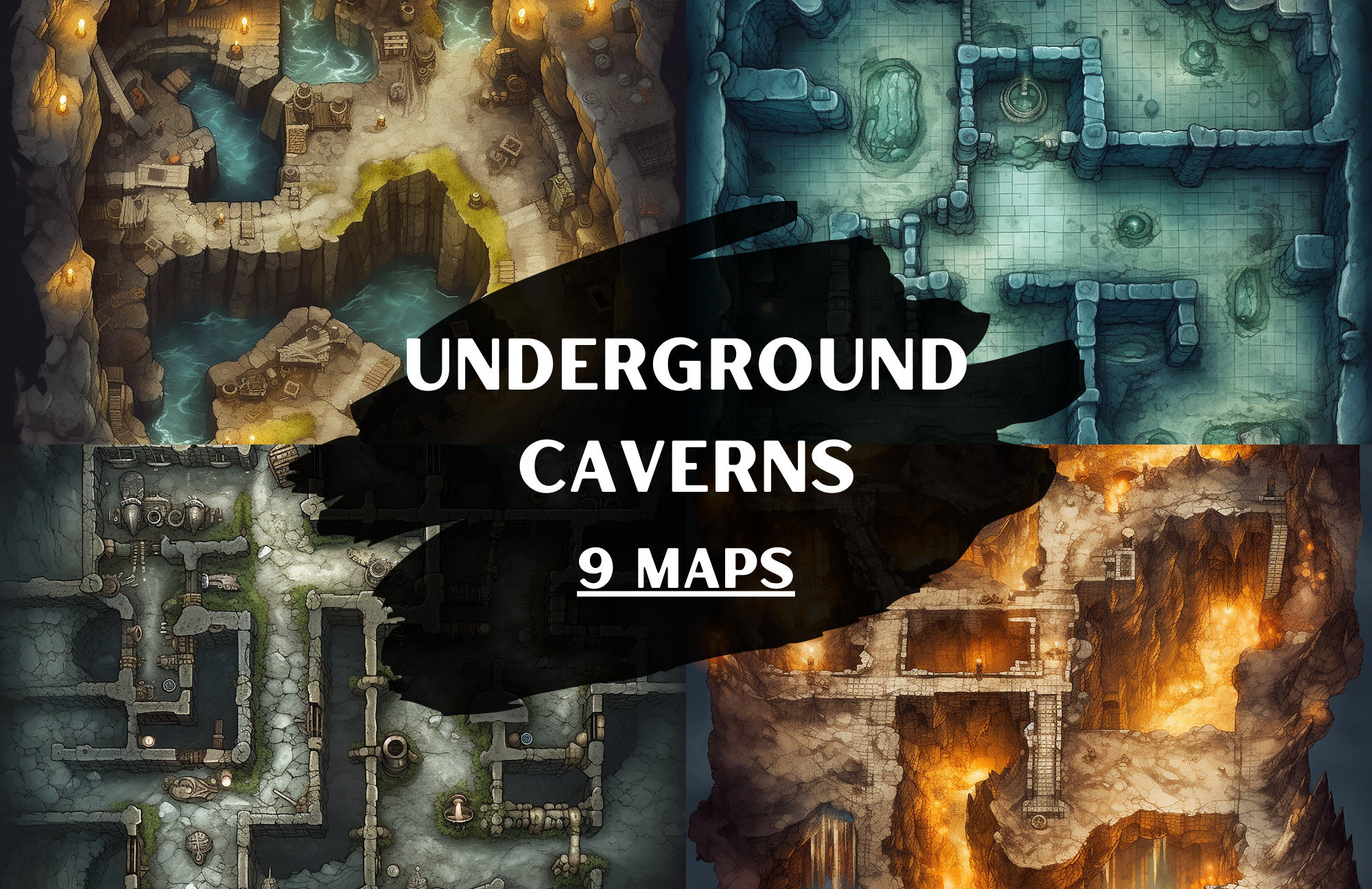 DnD Underground Caverns Maps Bundle, 9 D&D Battlemaps, Dungeons and Dragons Battle Maps, Roll20 Battlemap, Fantasy Grounds, Foundry VTT