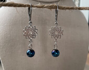 Iridescent midnight blue glass bead and stainless steel earrings