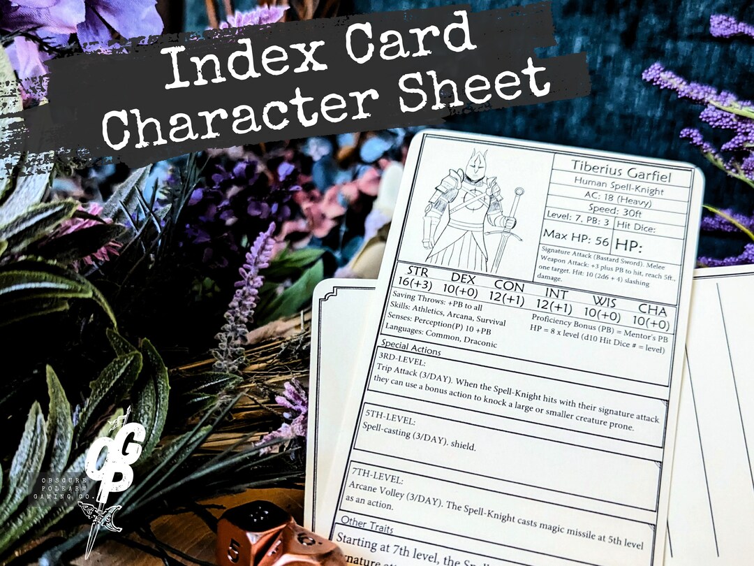 Index Card Character Sheet | Player or NPC | Printable Form Fillable ...