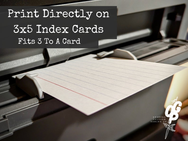 May include: A close-up of a printer with a 3x5 index card in the paper tray. The text "Print Directly on 3x5 Index Cards Fits 3 To A Card" is visible on the printer.