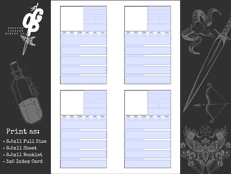 Index Card Character Sheet Player or NPC Printable Form - Etsy