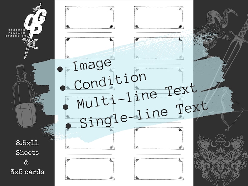 May include: Printable 8.5x11 inch sheets and 3x5 inch cards with blank frames for image, condition, multi-line text, and single-line text. The design is black and white with a vintage aesthetic.