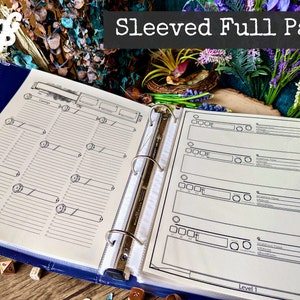 May include: A black binder with a white page open to a character sheet for a role-playing game. The page has sections for stats, skills, and abilities. The text "Sleeved Full Page" is printed at the top of the page.