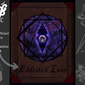 May include: A dark brown book cover with a purple and black geometric design. The title "Eldritch Lore" is written in a stylized font. The cover is customizable with text.