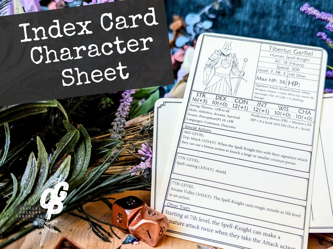 Index Card Character Sheet Player or NPC Printable Form - Etsy