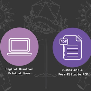 May include: Two purple circles with white outlines. The left circle shows a laptop computer with the text "Digital Download Print at Home". The right circle shows a PDF document with the text "PDF" in the upper left corner and the text "Customizable Form Fillable PDF" below.