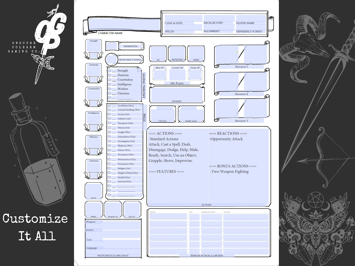 Customizable Character Sheet & Modular Notes Printable Form Fillable ...