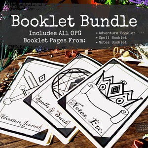 May include: Three black and white illustrated booklet covers with a black border. The covers are titled "Adventure Journal", "Spells & Such", and "Notes, Etc.".